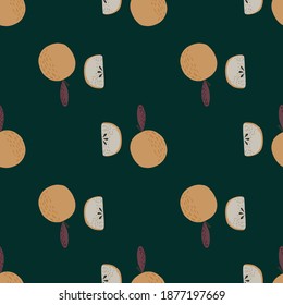 Minimalistic seamless pattern with beige apples ornament. Dark green background. Food backdrop. Vector illustration for seasonal textile prints, fabric, banners, backdrops and wallpapers.