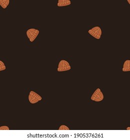 Patrón minimalista sin fisuras con siluetas de sombrero de beige. Fondo marrón oscuro. Ilustración bursátil. Diseño vectorial para textiles, tela, giftwrap, papel pintado.