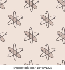 Minimalistic seamless pattern with biotechnology atom shapes. Simple molecule formula print in pastel tones. Decorative backdrop for fabric design, textile print, wrapping, cover. Vector illustration.