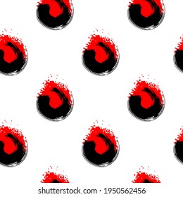 Minimalistic seamless pattern with black brush strokes and round rough splashes isolated on white background. Hand drawn ink grunge texture. Japanese style vector wallpaper. Sun symbols.