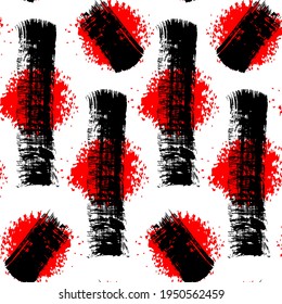 Patrón minimalista sin fisuras con pinceladas negras y salpicaduras redondeadas aisladas en fondo blanco. Tinta de textura gruesa. Papel de pantalla de estilo japonés. 