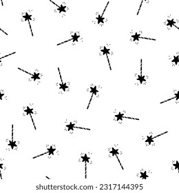 Minimalistic seamless  pattern with black magic wands on a white background. Silhouette