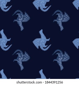 Minimalistic seamless pattern with blue colored dragon elements. Dark navy blue background. Decorative backdrop for fabric design, textile print, wrapping, cover. Vector illustration.