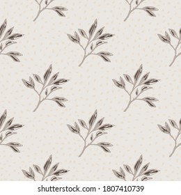 Patrón minimalista sin fisuras con ramas adornadas. Esbozar el follaje en colores marrones sobre fondo de puntos gris claro. Perfecto para papel pintado, textil, papel envolvente, impresión de tela. Ilustración del vector