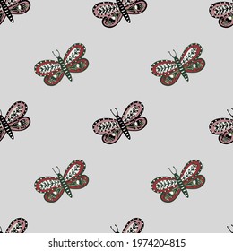 Minimalistic seamless pattern with butterfly folk ornament. Pastel blue background. Botanic ornate insects print. Great for fabric design, textile print, wrapping, cover. Vector illustration.