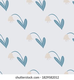 Minimalistic seamless pattern with campanula flower silhouettes. Floral simple elements in blue tones on light background. Great for fabric design, textile print, wrapping, cover. Vector illustration.