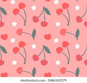 Minimalistic seamless pattern of cherry and its flowers. Red berries of cherries and sweet cherries on a pink background with white flowers. Vector trendy print for dresses, wrapping paper, stationery