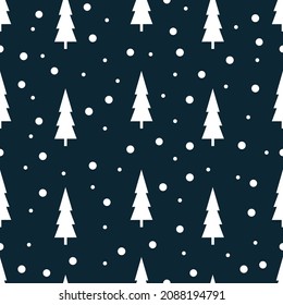 Patrón minimalista sin fisuras con árboles de Navidad y nieve en un fondo azul oscuro. Resumen vector patrón escandinavo con árboles geométricos de Navidad. Papel envuelto, afiches, tela.