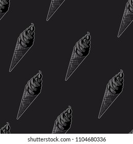 
Minimalistic seamless pattern with cones of black ice cream on a black background.
Vector illustration.
