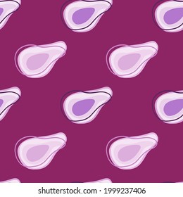 Minimalistic seamless pattern with contoured abstract avocado silhouettes. Bright purple background. Designed for fabric design, textile print, wrapping, cover. Vector illustration.