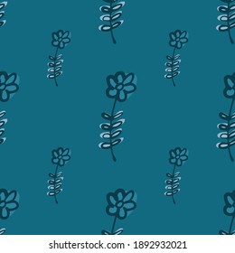 Patrón minimalista sin fisuras con ornamento de flores silvestres contorneado. Fondo azul. Ilustración bursátil. Diseño vectorial para textiles, tela, giftwrap, papel pintado.