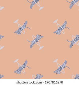 Minimalistic seamless pattern with doodle circus tiger silhouettes ornament. Beige background. Vector illustration for seasonal textile prints, fabric, banners, backdrops and wallpapers.