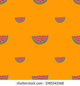 Minimalistic seamless pattern with doodle pink watermelon slice elements. Orange background. Simple style. Flat vector print for textile, fabric, giftwrap, wallpapers. Endless illustration.