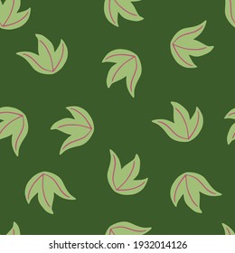 Minimalistic seamless pattern with doodle simple leaf bush random ornament. Green palette artwork. Decorative backdrop for fabric design, textile print, wrapping, cover. Vector illustration.