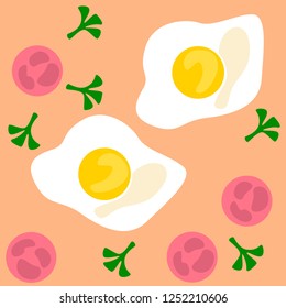 Minimalistic seamless pattern with eggs tomatoes and green leaves. Can be used for poster, flyer, web design of restaurant delivery, food market.