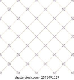 A minimalistic seamless pattern featuring delicate diamond shapes with interconnected hearts and floral motifs. The soft pastel accents and clean white background create an elegant.