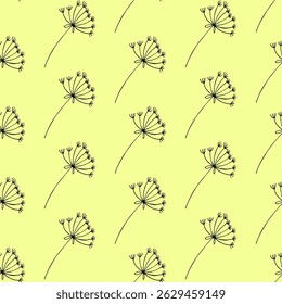 Minimalistic seamless pattern featuring hand-drawn anise flowers in a linear doodle style. The black botanical outlines contrast softly with the pale yellow background, perfect for textile design
