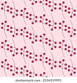 Minimalistic seamless pattern featuring red berries on branches with a soft pink background. Flat style design ideal for textiles, wallpapers, and nature-inspired projects.