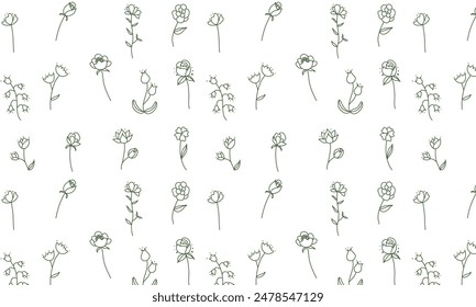 minimalistic seamless pattern with flowers and leaves, one line drawing, line art