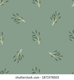 Minimalistic seamless pattern with green foliage ornament. Grey background. Pastel pale palette print. Flat vector print for textile, fabric, giftwrap, wallpapers. Endless illustration.
