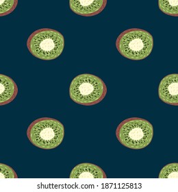 Minimalistic seamless pattern with green kiwi silhouettes. Simple fruit ornament on navy blue background. Designed for fabric design, textile print, wrapping, cover. Vector illustration.