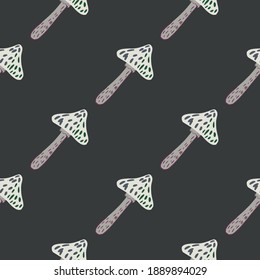 Minimalistic seamless pattern with grey colored mushroom print. Dark grey background. Great for fabric design, textile print, wrapping, cover. Vector illustration.