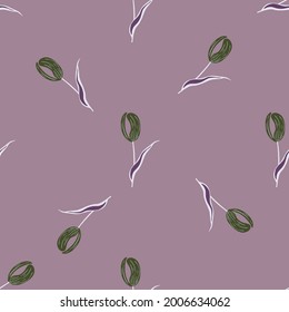 Minimalistisches nahtloses Muster mit grauen Tulpenblumenelementen. violetter, pastellfarbener Hintergrund. Dekor drucken. Grafisches Design für die Verpackung von Papier und Texturen aus Stoff. Vektorgrafik.
