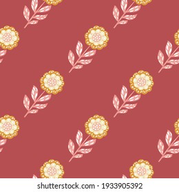 Minimalistic seamless pattern with hand drawn folk flowers ornament. Pink background. Doodle flora artwork. Great for fabric design, textile print, wrapping, cover. Vector illustration.