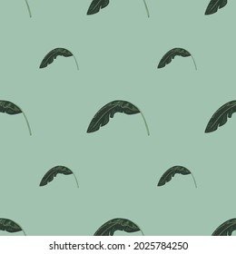 Minimalistisches nahtloses Muster in handgezeichnet Stil mit grünem tropischem Laubdruck. hellblauer Hintergrund. Vektorgrafik für saisonale Stoffdrucke, Stoffe, Banner, Hintergründe und Wallpaper.