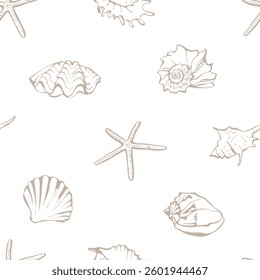 Minimalistic seamless pattern with hand drawn sea shells and starfish on white background