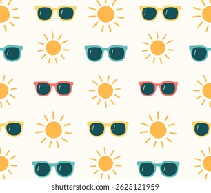 Motif harmonieux minimaliste avec des lunettes de soleil dessinées à la main et des icônes de soleil. Arrière-plan Image vectorielle à plat. Parfait pour l'emballage d'été papier, tissu, papeterie et conception numérique.