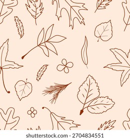 Minimalistic seamless pattern with hand drawn autumn leaves and forest foliage. Elegant line art illustration features various leaf shapes. Perfect for seasonal packaging, fabric prints.