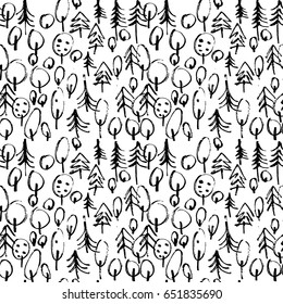 Minimalistic seamless pattern with hand drawn trees. Stylish modern pattern with doodled tree. Outlined sketchy background.