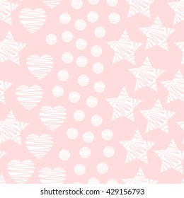 Minimalistic seamless pattern with hearts, stars, and dots on pink background. Vector illustration for home and fashion design. Baby shower, invitations, linens, textile.