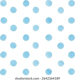 Minimalistic seamless pattern with irregular hand-drawn polka dots in soft blue watercolor style. Each circle has a natural, imperfect shape, adding charm and a human touch. 