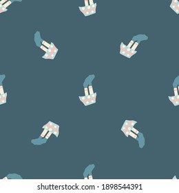 Minimalistisches nahtloses Muster mit leichtem Dampfschiff-Silhouetten. Navy-blauer Hintergrund. Cartoon-Druck. Vektorgrafik für saisonale Stoffdrucke, Stoffe, Banner, Hintergründe und Wallpaper.