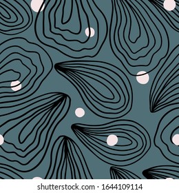 Minimalistic seamless pattern of mollusk and pearls. Vector hand drawn illustration of oyster in dark colors. A simple background is ideal for printing, textiles, fabric, wallpaper, wrapping paper