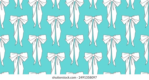 Minimalistic seamless pattern with a monochrome contour decorative white bow for gifts, for hair on a blue background. Vector illustration for wallpaper, banners, fabric, packaging, notebook.