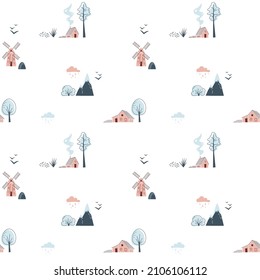 Minimalistic seamless pattern with mountains, trees, houses and windmill on white background. Northern landscape in limited colours. Vector illustration