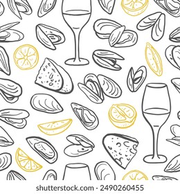 Minimalistic seamless pattern of mussels and wine