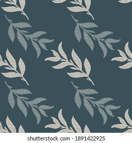 Minimalistic seamless pattern with nature doodle grey leaves branches print on navy blue background. Decorative backdrop for fabric design, textile print, wrapping, cover. Vector illustration.