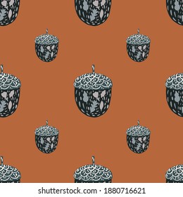 Minimalistic seamless pattern with navy blue chestnut elements. Coral brick background. Stock illustration. Vector design for textile, fabric, giftwrap, wallpapers.