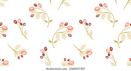 Minimalistic seamless pattern with orange berries and leaves. Vector hand drawn colored decorative twigs leaves with randomly scattered berries. 