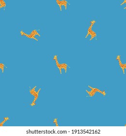 Minimalistic seamless pattern with orange little giraffe silhouettes. Blue bright background. Graphic design for wrapping paper and fabric textures. Vector Illustration.