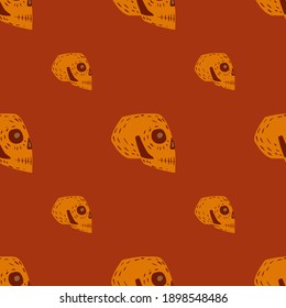 Minimalistic seamless pattern with orange skull shapes elements. Red background. Stock illustration. Vector design for textile, fabric, giftwrap, wallpapers.