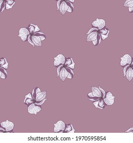 Minimalistic seamless pattern with outline flower elements print. Pale purple background. Simple style. Graphic design for wrapping paper and fabric textures. Vector Illustration.