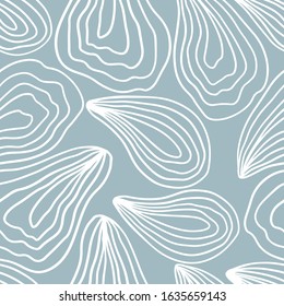 Minimalistic seamless pattern of oysters. Vector hand drawn illustration of a mollusk in pastel colors. A simple background is ideal for printing, textiles, fabric, wallpaper, wrapping paper