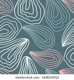 Minimalistic seamless pattern of oysters. Vector hand drawn illustration of a mollusk in pastel colors. A simple background is ideal for printing, textiles, fabric, wallpaper, scrubbing, etc.