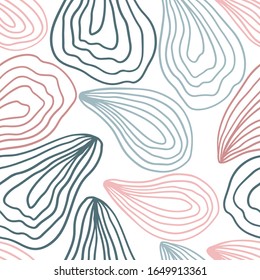 Minimalistic seamless pattern of oysters. Vector hand drawn illustration of a mollusk in pastel colors. A simple background is ideal for printing, textiles, fabric, wallpaper, wrapping paper