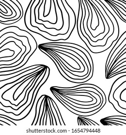 Minimalistic seamless pattern of oysters. Vector hand drawn black and white illustration of mollusk. A simple background is ideal for printing, textiles, fabric, wallpaper, wrapping paper